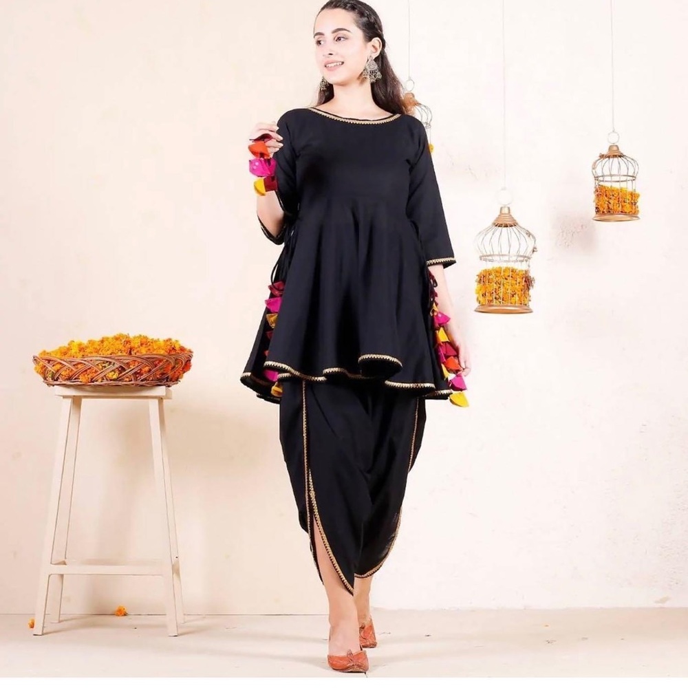 Women's Black Dhoti Peplum Top Set with Multicolour Tassels